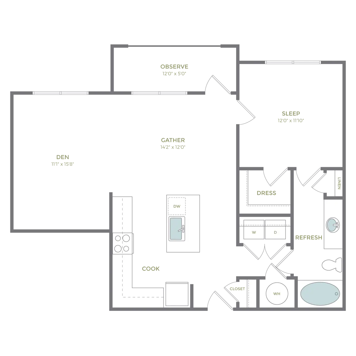 A detailed floor plan of a two-bedroom apartment featuring labeled areas including a den, kitchen, dining area, and living room, along with dimensions for each space.