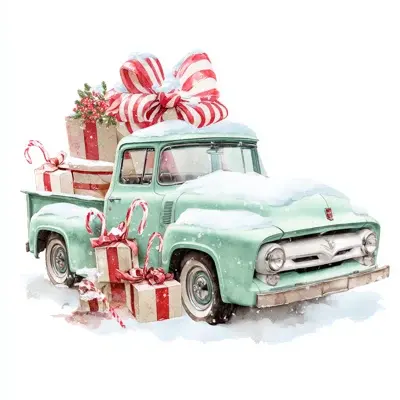 Vintage Truck Holiday Scene A vintage light blue truck covered in snow with colorful wrapped gifts and a large festive bow on top.