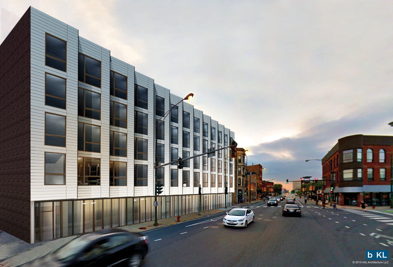 Modern Urban Building Design A modern architectural rendering of a multi-story building along a city street, showcasing large windows and a sleek facade against a cloudy sky.