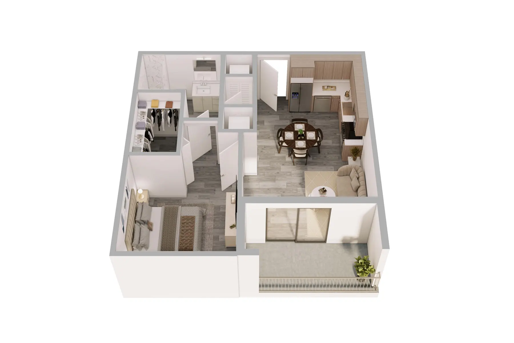Modern Apartment Floor Plan A 3D layout of a modern apartment showing various rooms and furniture arrangements.