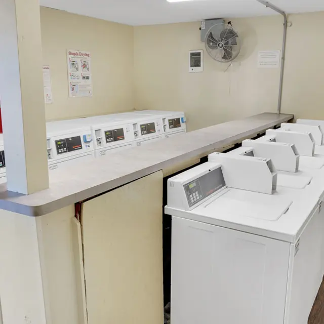 A clean and well-organized laundromat featuring rows of washing machines and a fan on the wall. A fire extinguisher is mounted nearby, and laundry instructions are posted on the walls.