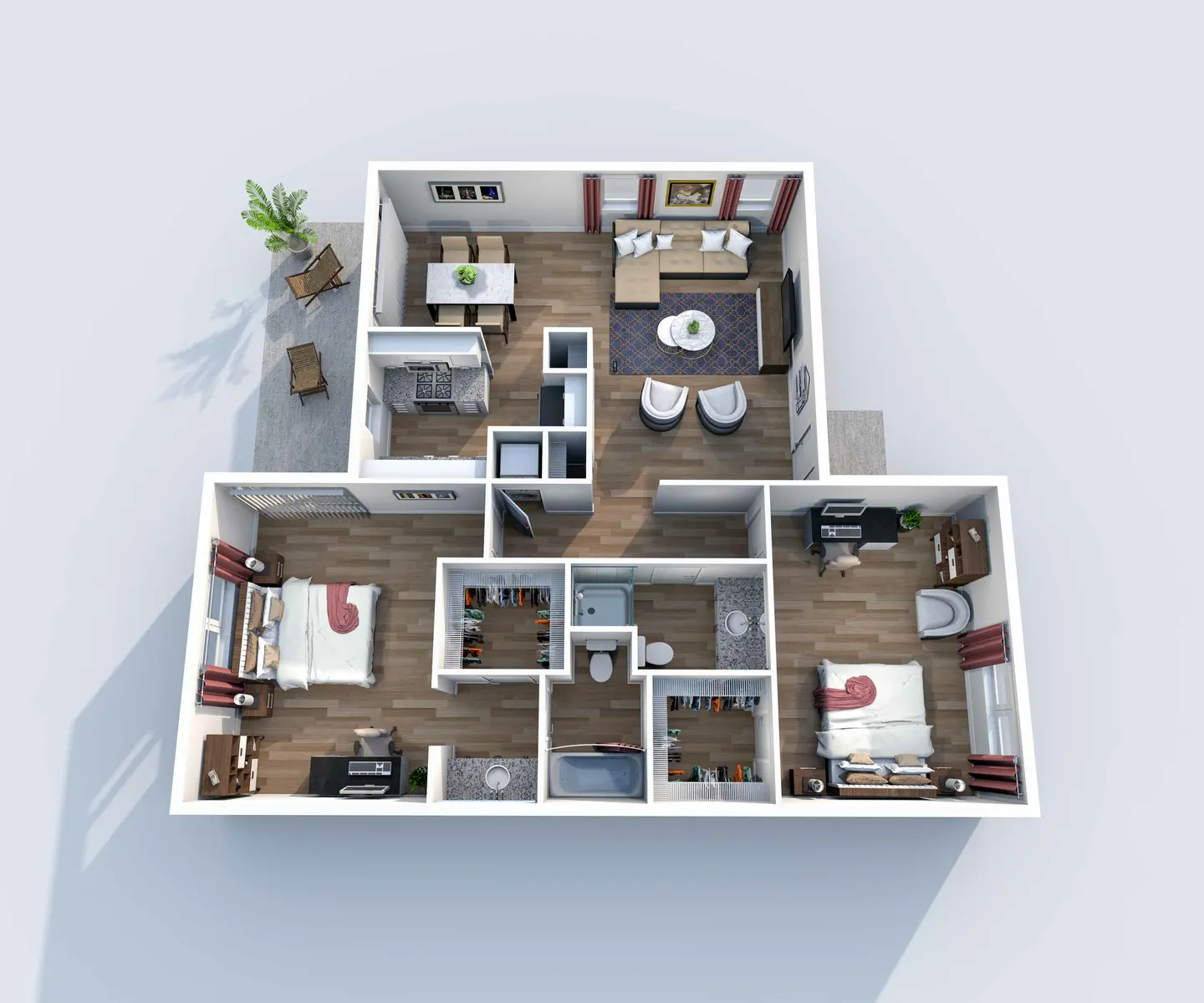 3D layout of a modern two-bedroom apartment with furnished living room, kitchen, bathroom, and balcony.