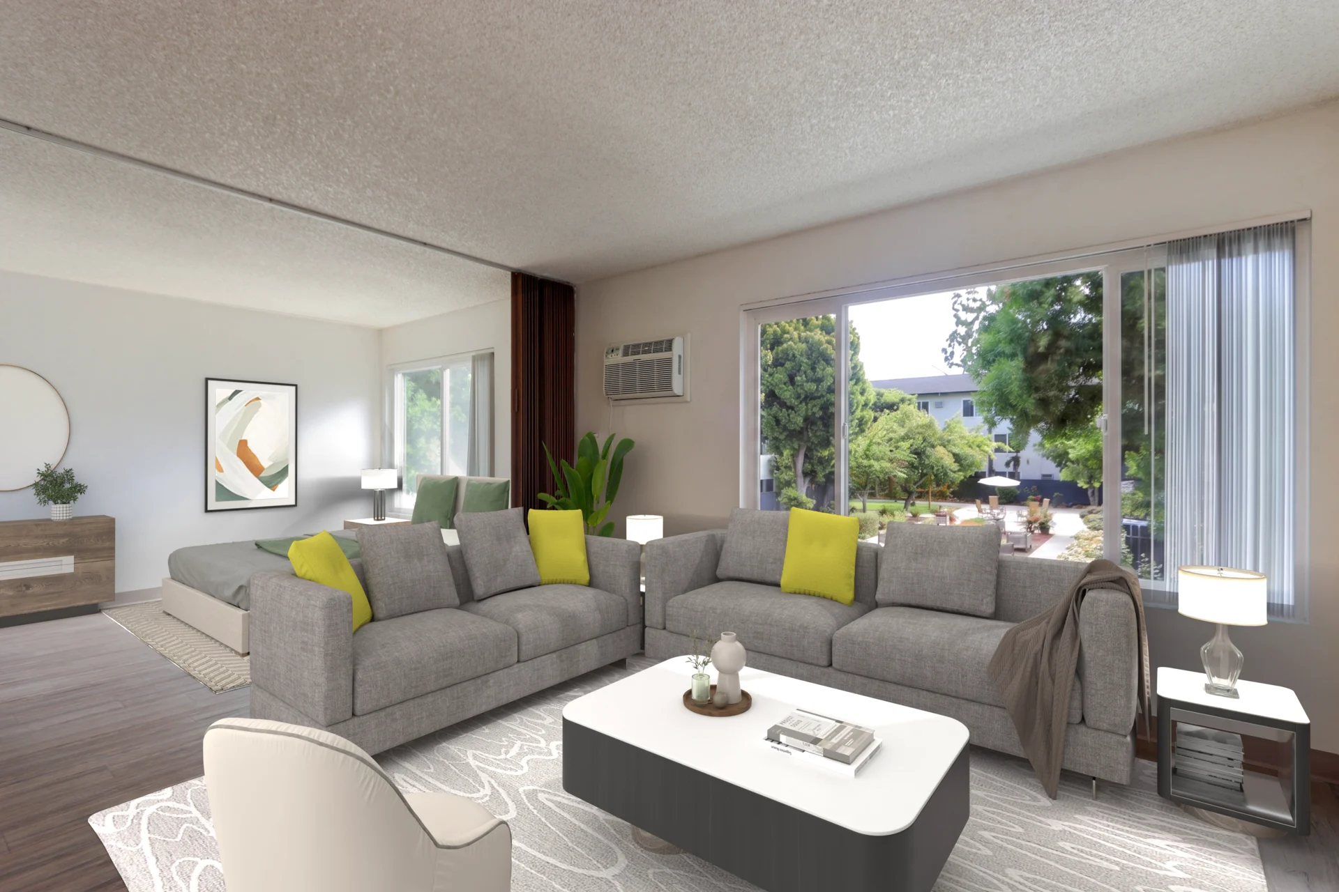 Contemporary Living Room Design A modern living room featuring a gray sectional sofa with yellow accent cushions, an accent chair, a coffee table, and large windows revealing a green outdoor view.