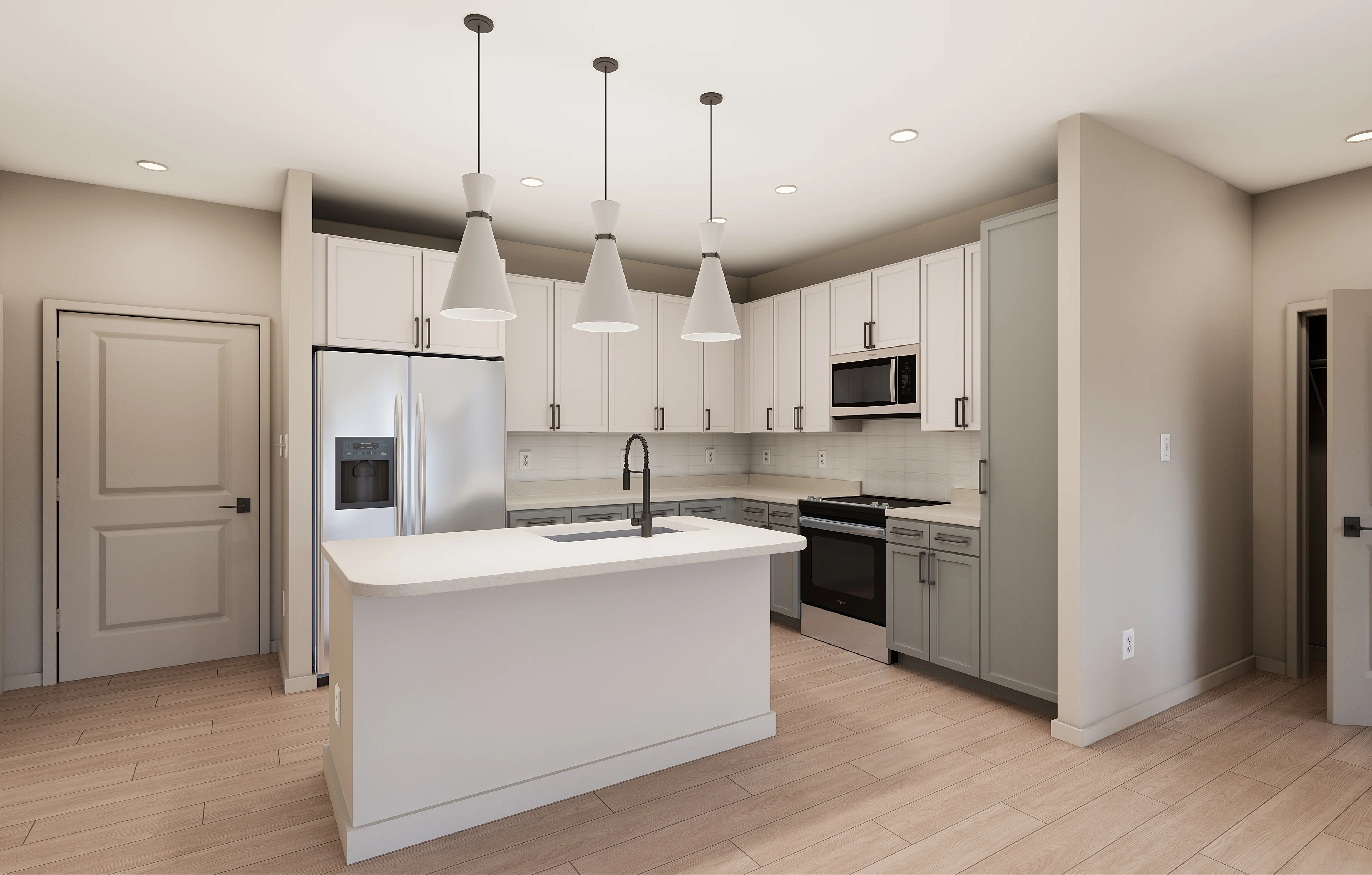 Stylish Modern Kitchen Interior A modern kitchen featuring white cabinetry, stainless steel appliances, and a central island with a sink, illuminated by pendant lights.