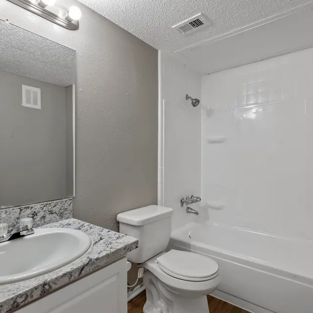 A small bathroom featuring a white bathtub, a white toilet, and a bathroom sink with a granite countertop. The wall is painted a light gray, and a mirror is mounted above the sink. There are some wall fixtures for lighting above the mirror.