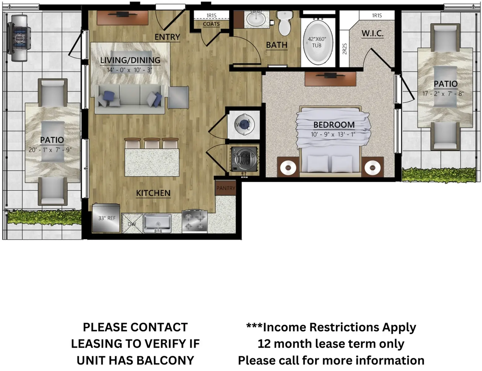 One-Bedroom Apartment Floor Plan A top-down view of an apartment floor plan featuring a living/dining area, kitchen, bathroom, one bedroom with a walk-in closet, and two patios.