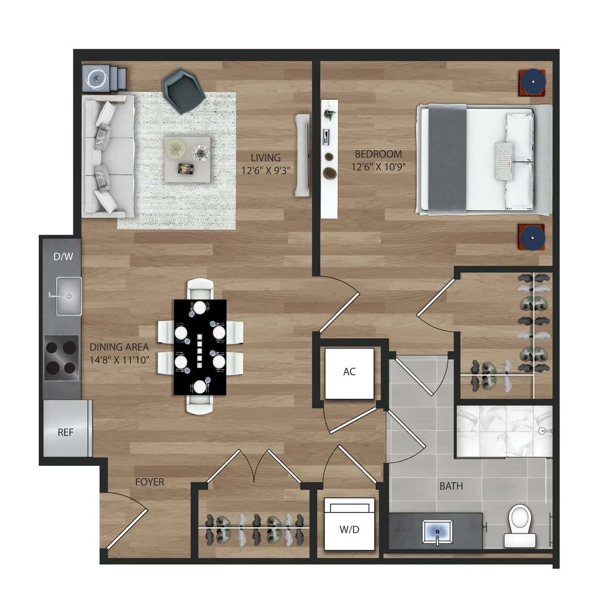 A floor plan of a one-bedroom apartment, featuring a living room, bedroom, dining area, bathroom, and laundry area.