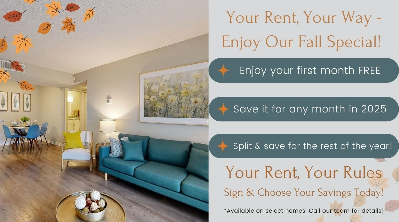 Promotional image featuring a cozy living room with teal-colored furniture and a dining area in the background, advertising a fall special for rental homes.