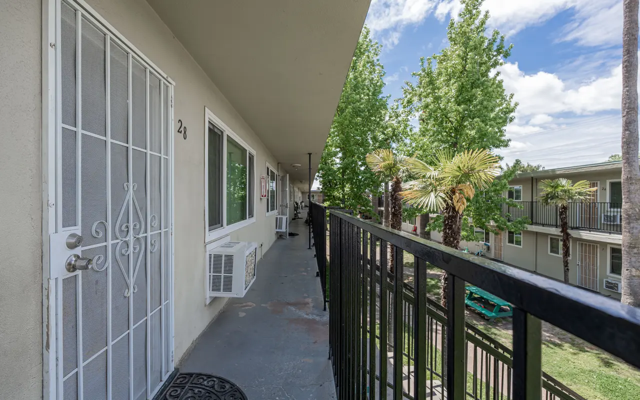 A view from an apartment balcony showing a corridor with an entrance door and palm trees nearby.