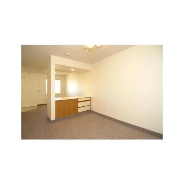 Empty Apartment Interior A spacious empty room with light-colored walls and carpet, featuring a small countertop area with cabinets.