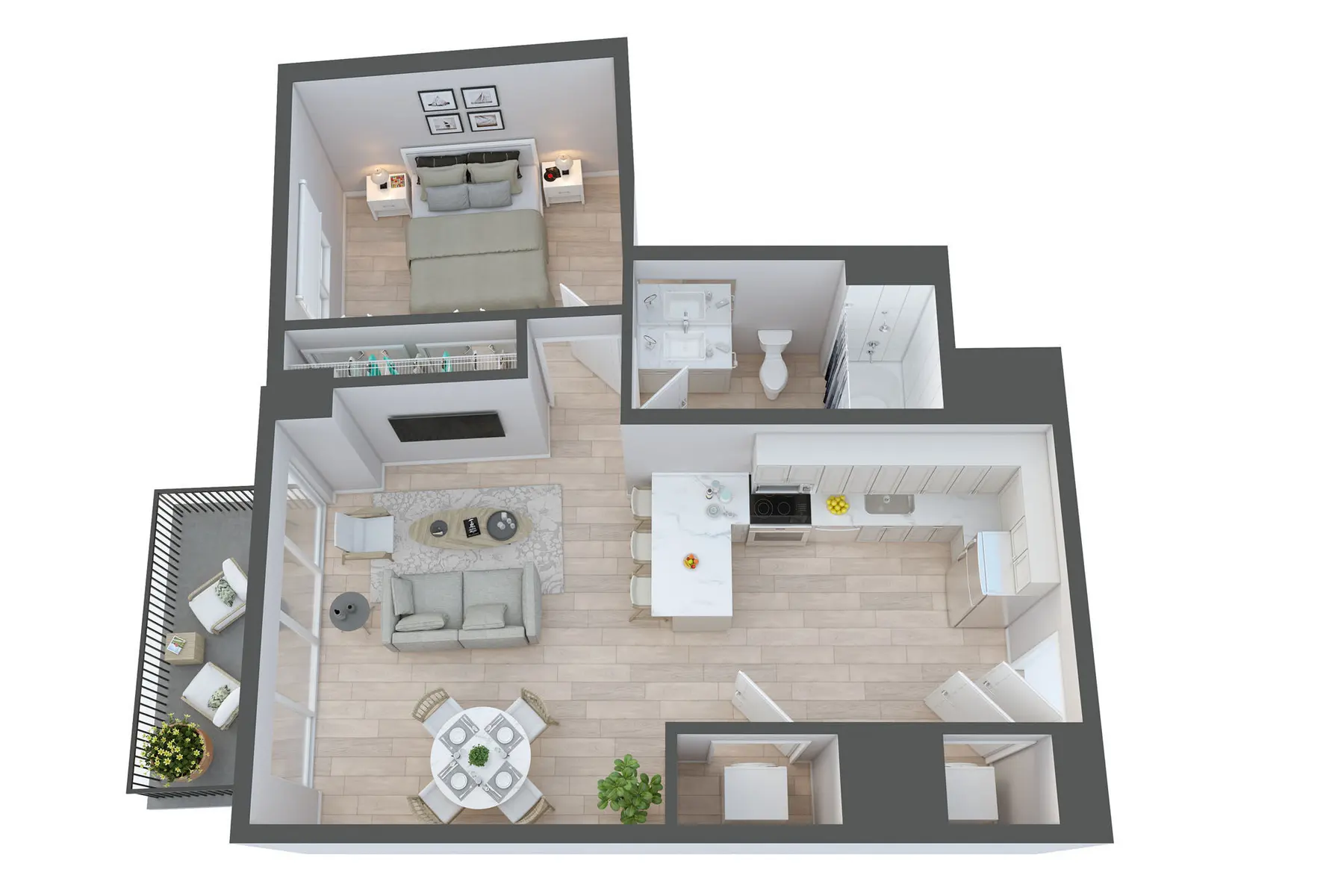 A 3D rendering of an apartment layout showing a living area, kitchen, dining area, and a bedroom.