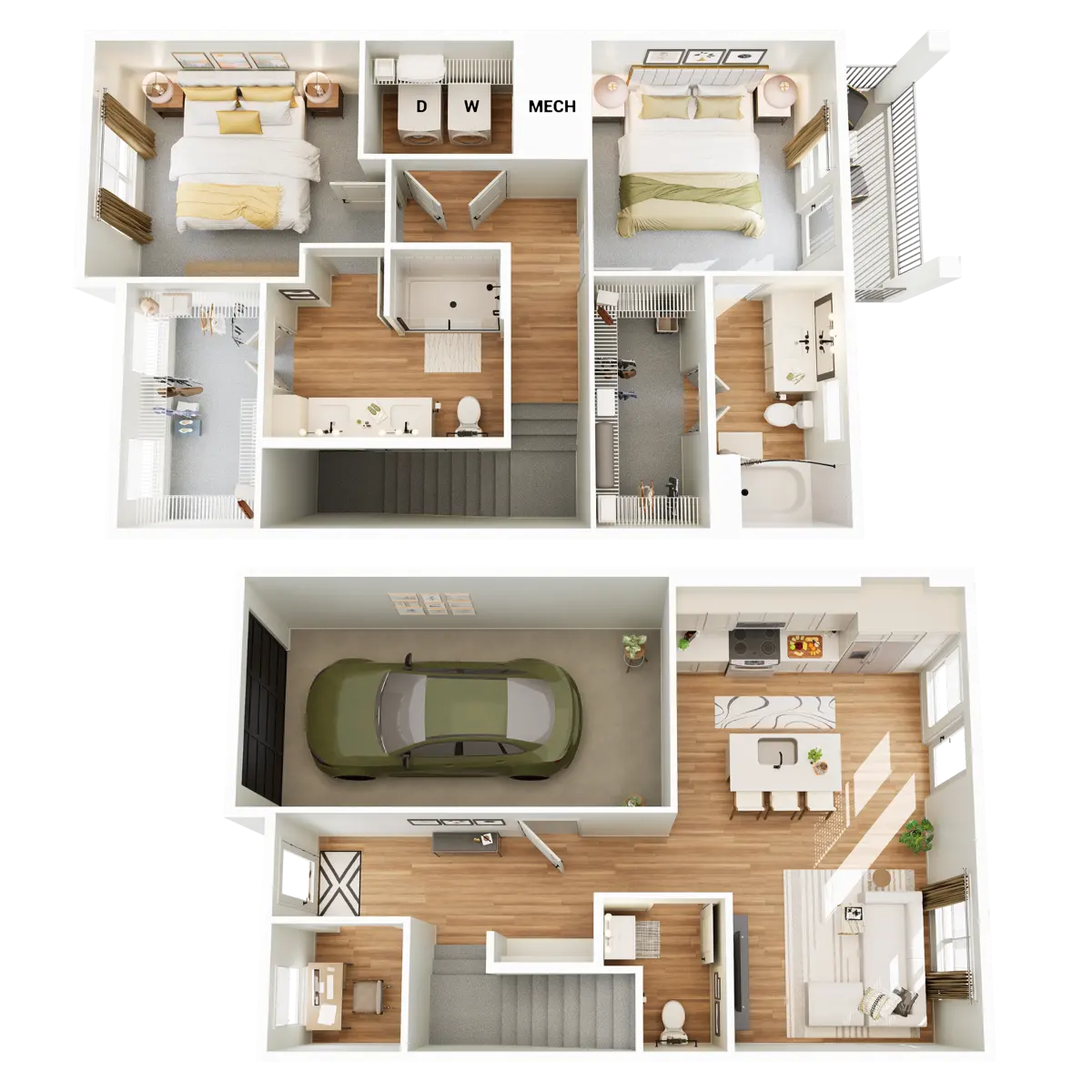 An architectural floor plan of a two-story house showcasing rooms and their layout. The top floor features a bedroom, bathroom, and living areas, while the bottom floor includes a garage, kitchen, dining area, and additional rooms.