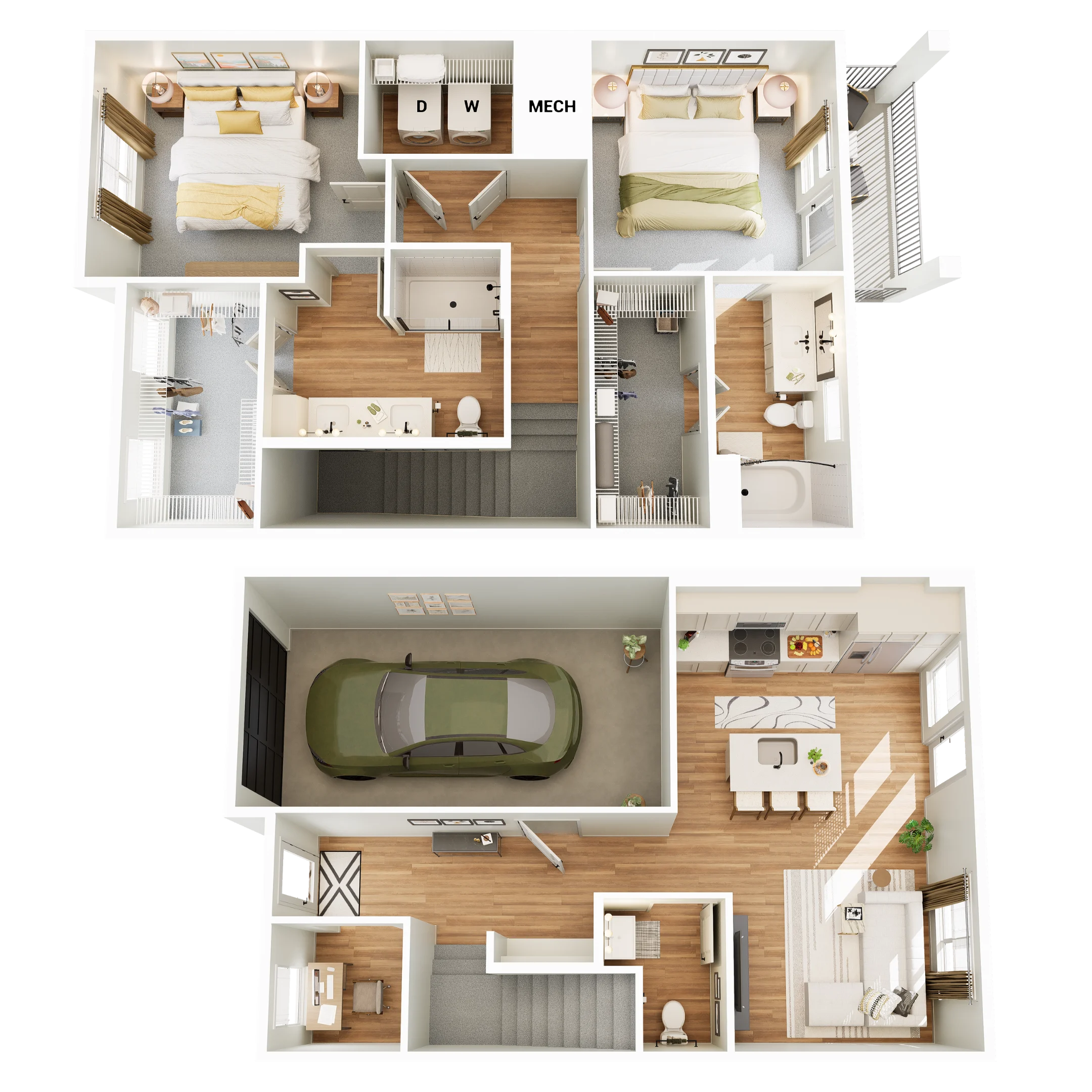 An architectural floor plan of a two-story house showcasing rooms and their layout. The top floor features a bedroom, bathroom, and living areas, while the bottom floor includes a garage, kitchen, dining area, and additional rooms.
