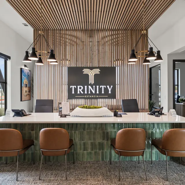 A modern reception area with a wooden accent wall featuring the logo 'TRINITY'. The counter is elegantly designed with green tiles and is flanked by brown chairs. There are pendant lights hanging above, and large windows provide natural light.