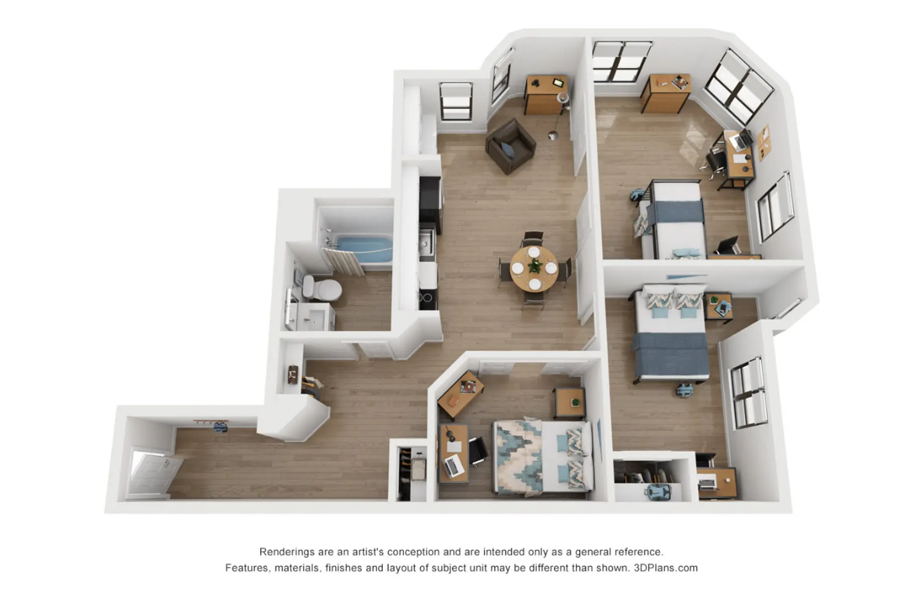 A 3D floor plan showcasing a modern apartment layout with two bedrooms, a living area, a dining space, and a kitchen. There are windows in each room providing natural light.