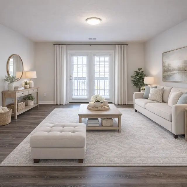 A modern living room featuring a light-colored sofa, a coffee table, and a plush ottoman on a decorative rug. There are lamps on either side of the sofa and a console table with decorative items. Large windows provide natural light.