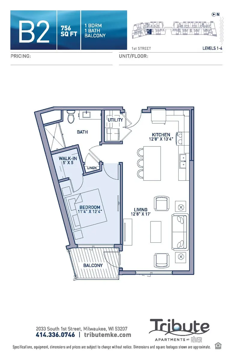 1-Bedroom Apartment Floor Plan B2 Floor plan for a 1-bedroom apartment with a bath and balcony, labeled B2.