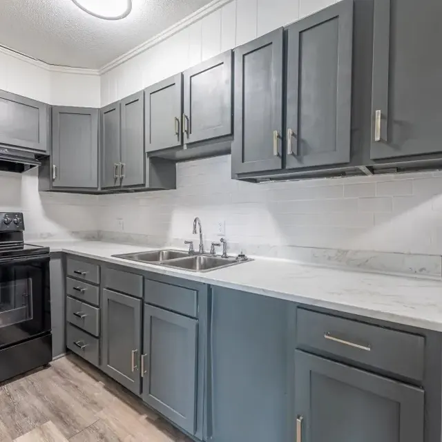 Modern Kitchen Design A modern kitchen with dark gray cabinets and black appliances, featuring a double sink and marble-like countertop.