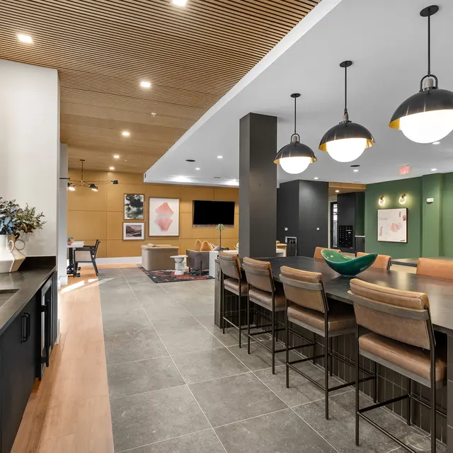 A modern, well-lit living space featuring a kitchen bar with seating, decorative elements, and a cozy lounge area.