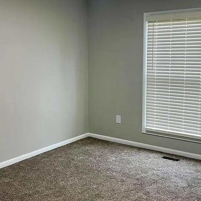 An empty room with beige carpet and light gray walls, featuring a window with white blinds on one side.