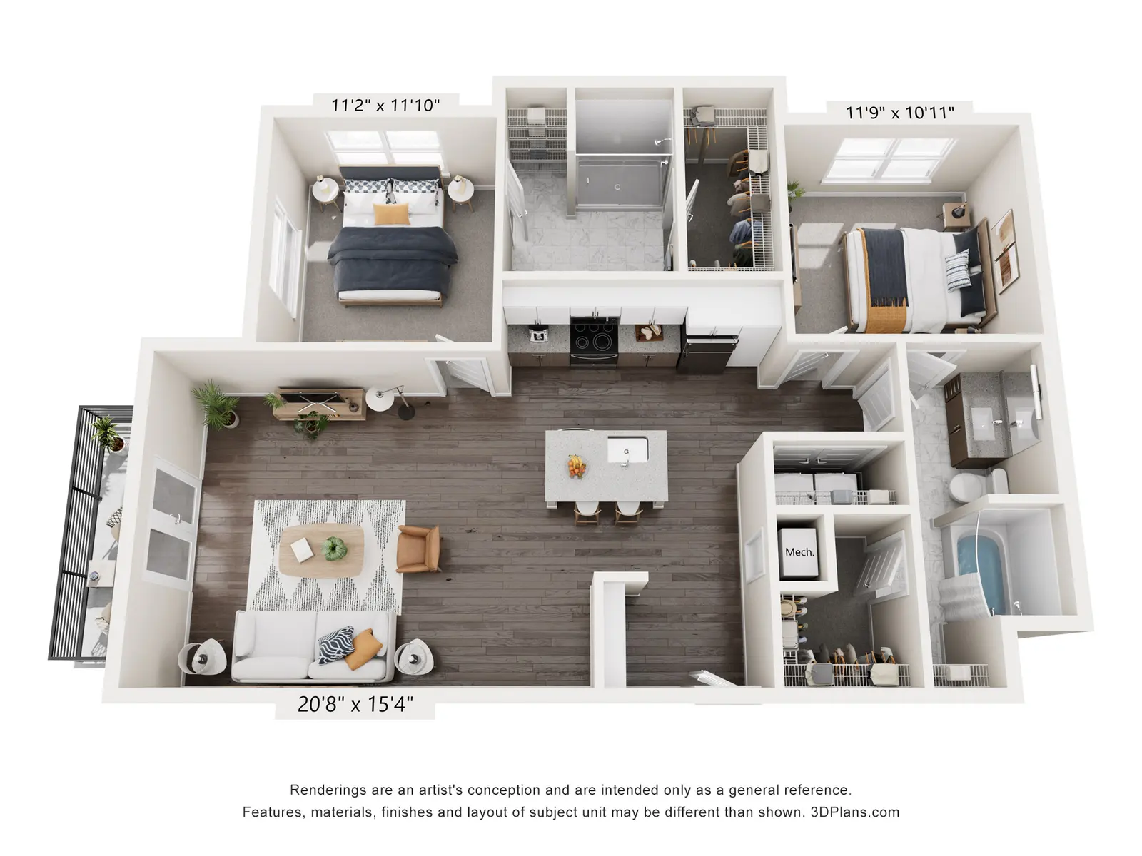 Aerial view of a modern apartment floor plan featuring two bedrooms, a living area, a kitchen, and two bathrooms. Dimensions for each room are labeled. The layout is open with contemporary furnishings and decor.