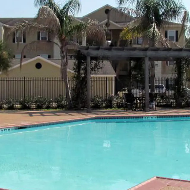 A sunny outdoor pool area with palm trees and a nearby apartment complex.