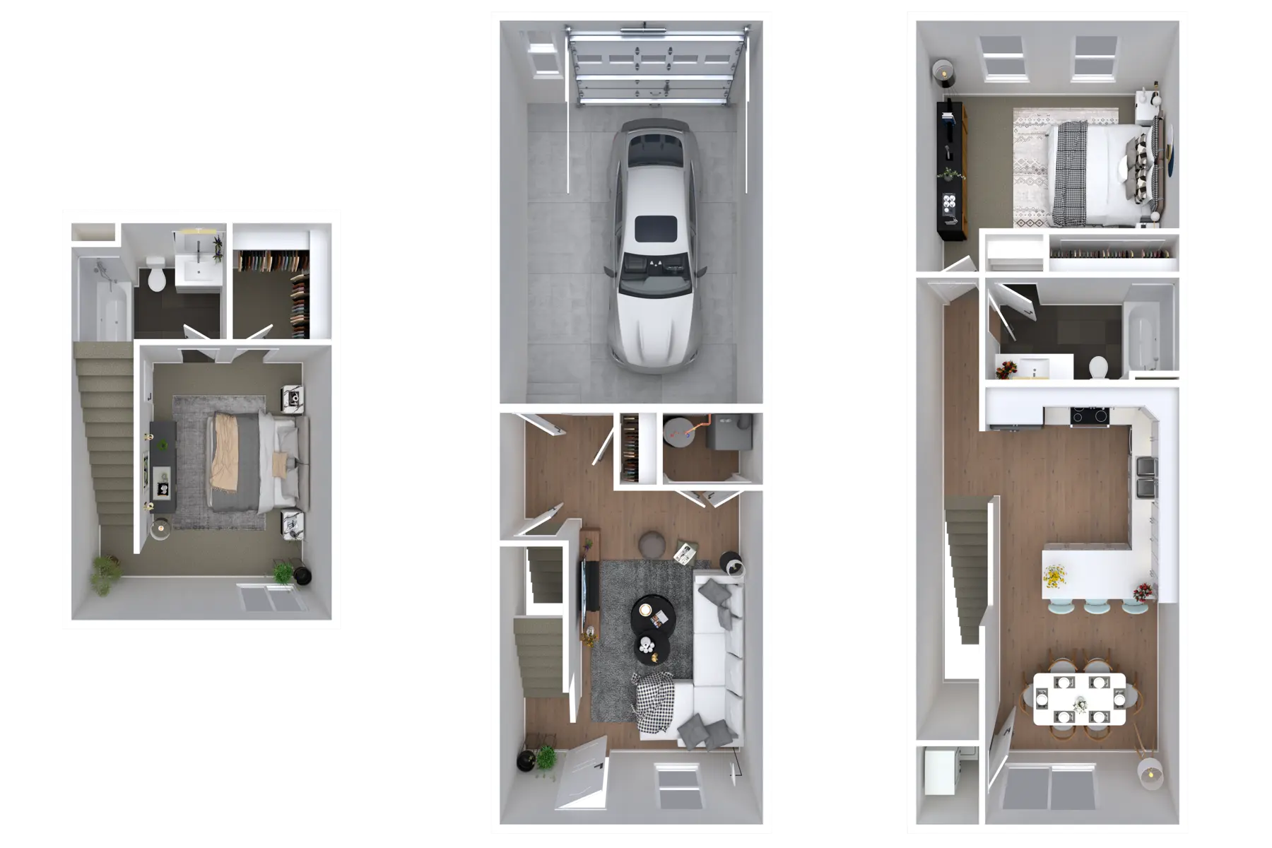 Three-Level House Floor Plan A detailed floor plan displaying three levels of a house, including a garage, living area, and kitchen/dining layout.