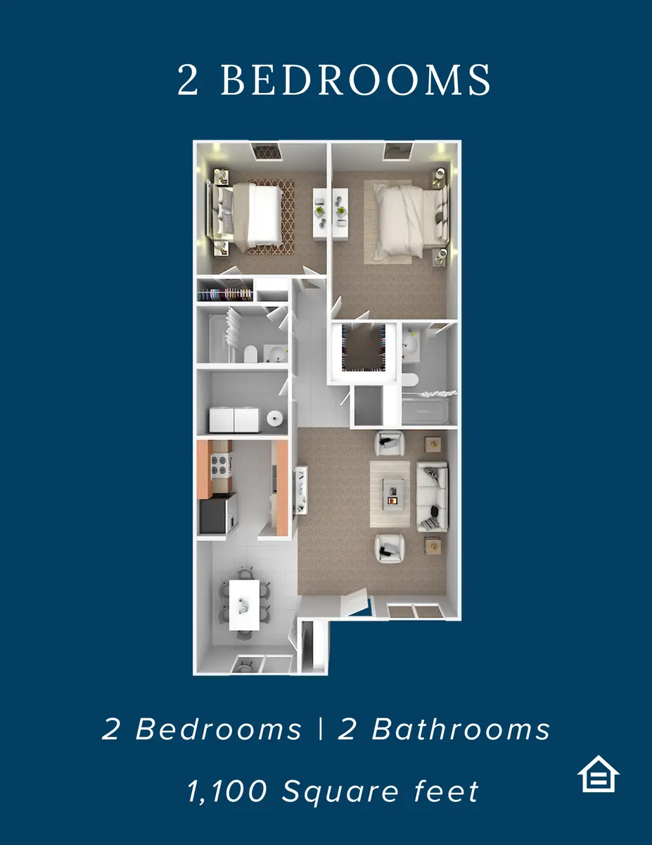 A floor plan of a 2-bedroom apartment showcasing a layout with two bedrooms, two bathrooms, and a total area of 1,100 square feet.