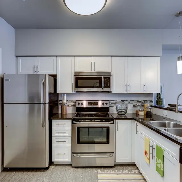A modern kitchen featuring white cabinets, stainless steel appliances, and a black countertop.