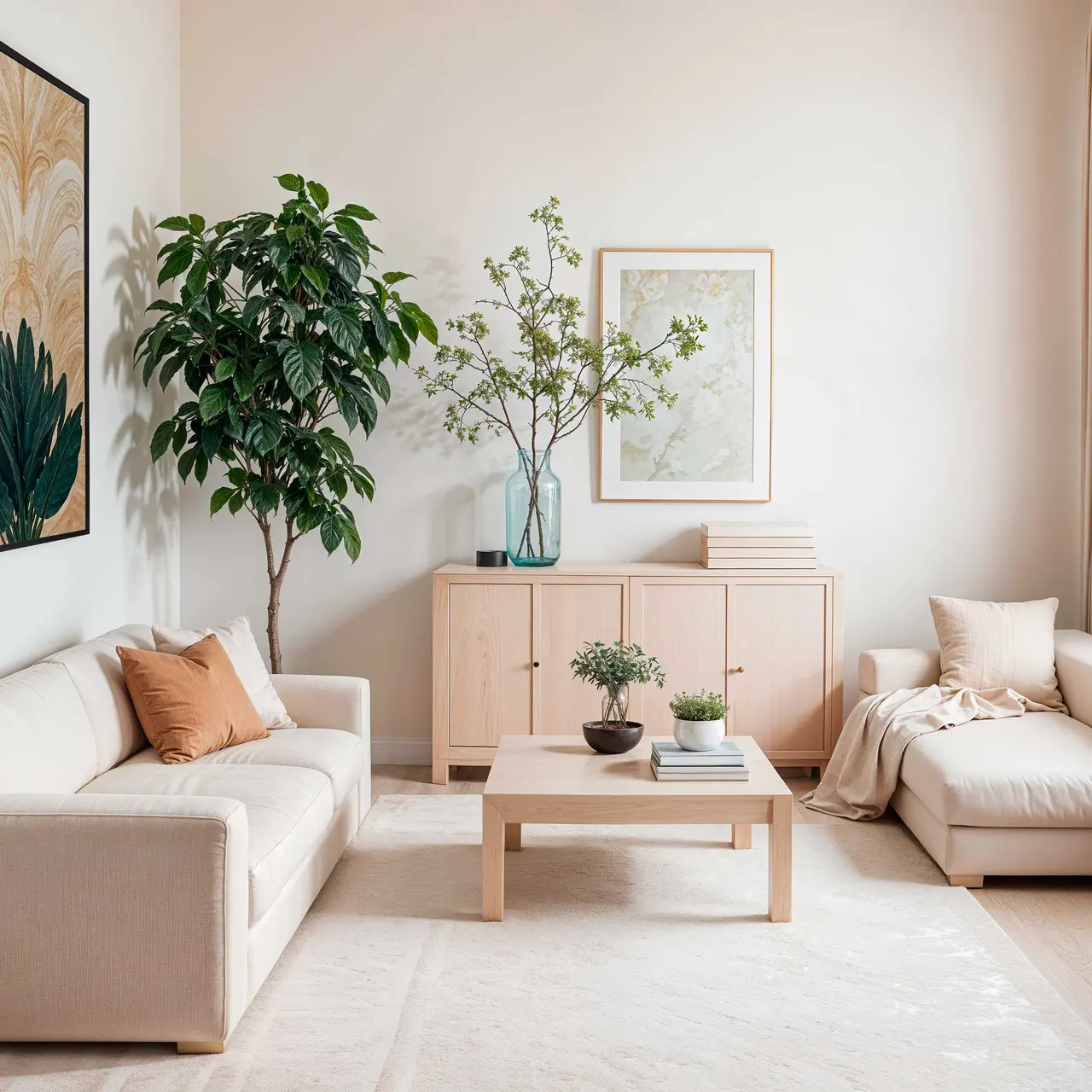 A modern living room featuring two light-colored sofas, a wooden coffee table, and a tall indoor plant. On the wall, there's a piece of artwork above the sofas and a light-colored cabinet to the side.