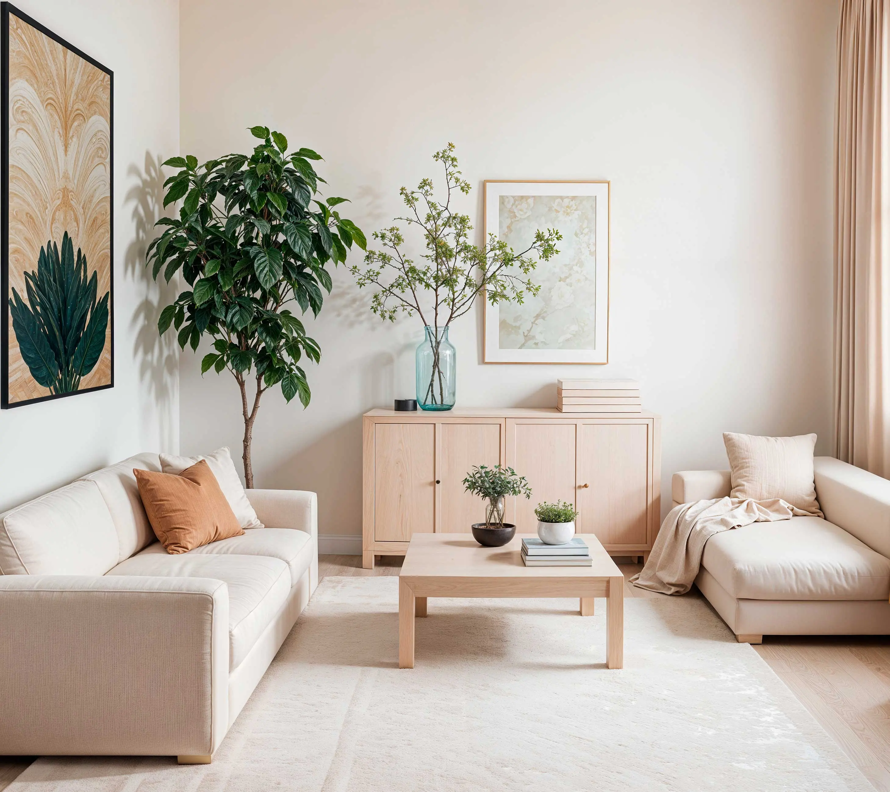 A modern living room featuring two light-colored sofas, a wooden coffee table, and a tall indoor plant. On the wall, there's a piece of artwork above the sofas and a light-colored cabinet to the side.