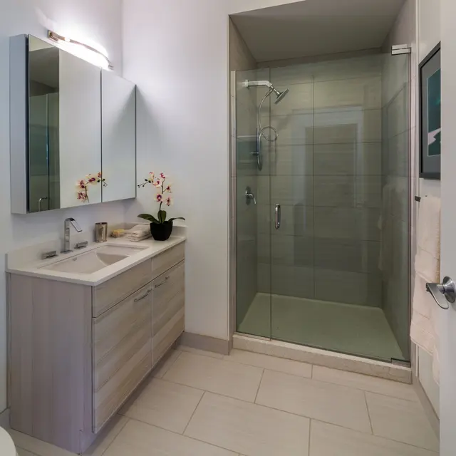 A modern bathroom featuring a sleek design, including a glass shower, wooden cabinetry, a large mirror, and elegant fixtures.