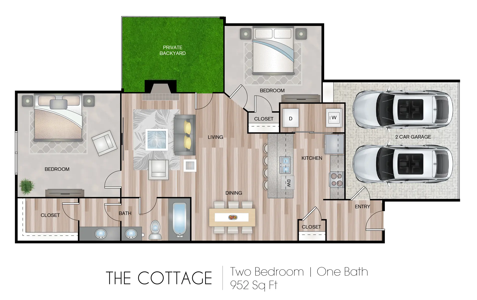 Floor plan of a cottage with two bedrooms, one bath, and a two-car garage. Includes a living area, kitchen, dining space, and a private backyard.