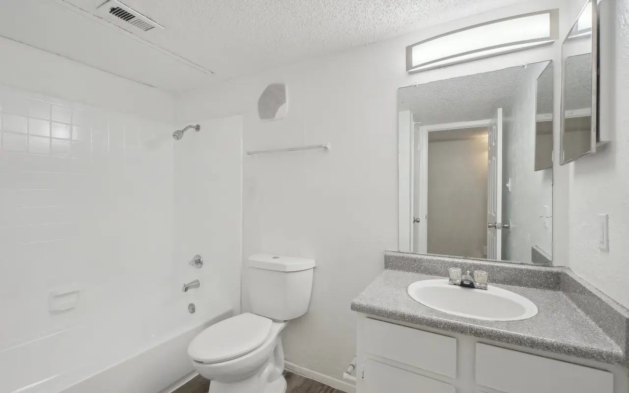 A clean and modern bathroom featuring a white bathtub, toilet, and a gray countertop with a sink. There is a large mirror above the sink and a small window allows natural light to enter. The walls are painted white, providing a bright and airy feel.