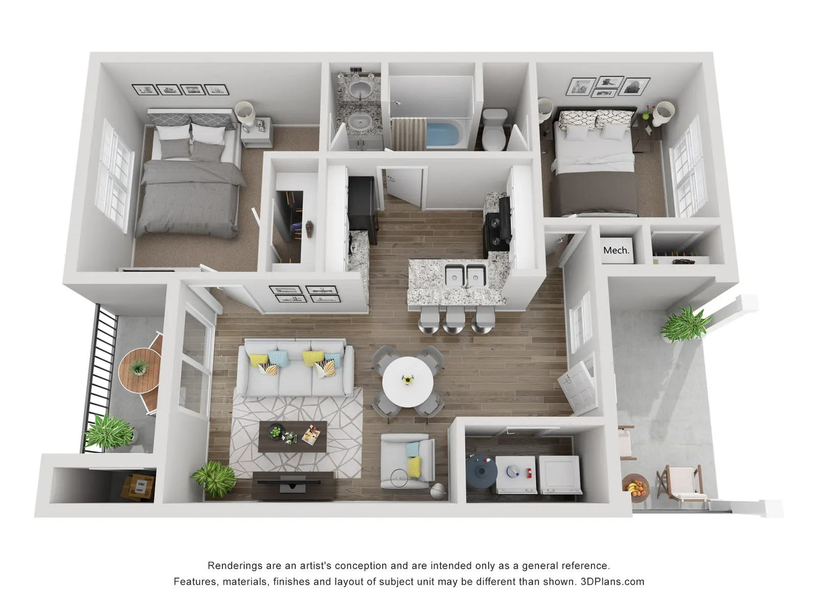 3D floor plan of a modern apartment layout, featuring two bedrooms, a living area, kitchen, and bathroom.