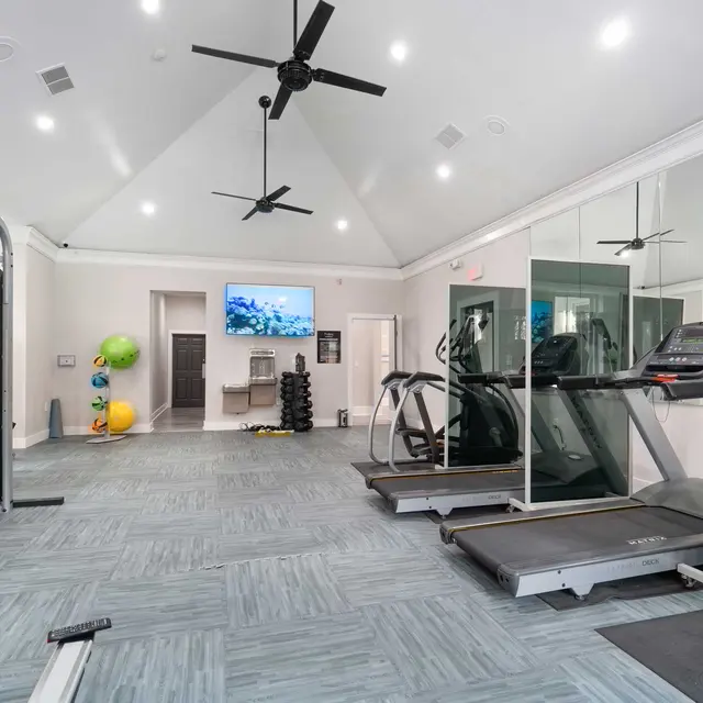 Workout space with cardio machines, vinyl floors, ceiling fans, and a wall-mounted TV.