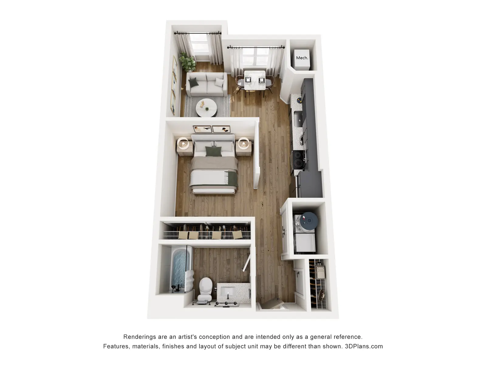 A floor plan visualization of a small apartment featuring a living area, bedroom, kitchen, bathroom, and workspace.