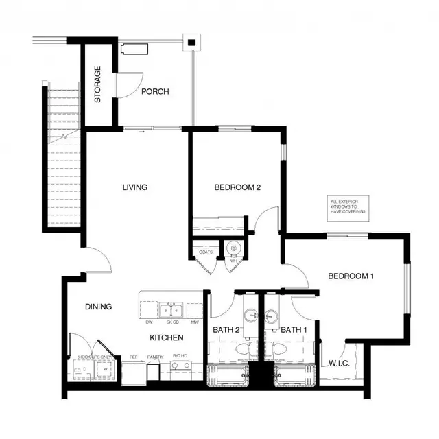 A floor plan of a residential unit featuring three bedrooms, a living room, dining area, kitchen, and two bathrooms, including a porch area.