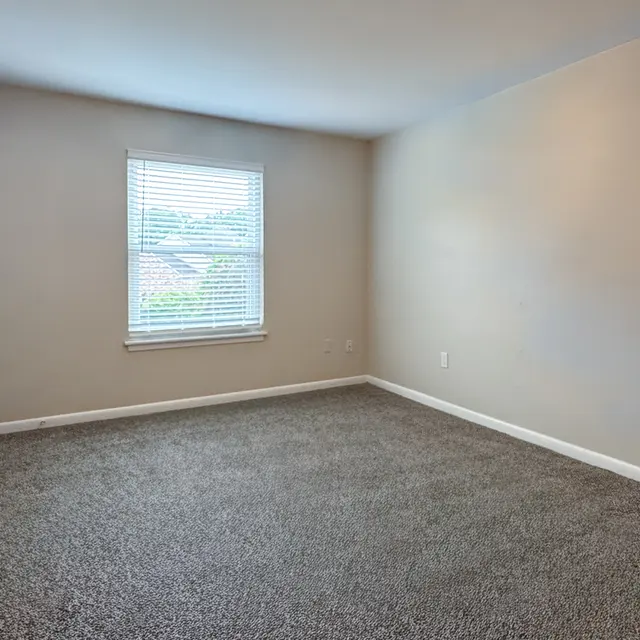 An empty room with gray carpet, a single window with blinds, and plain walls.