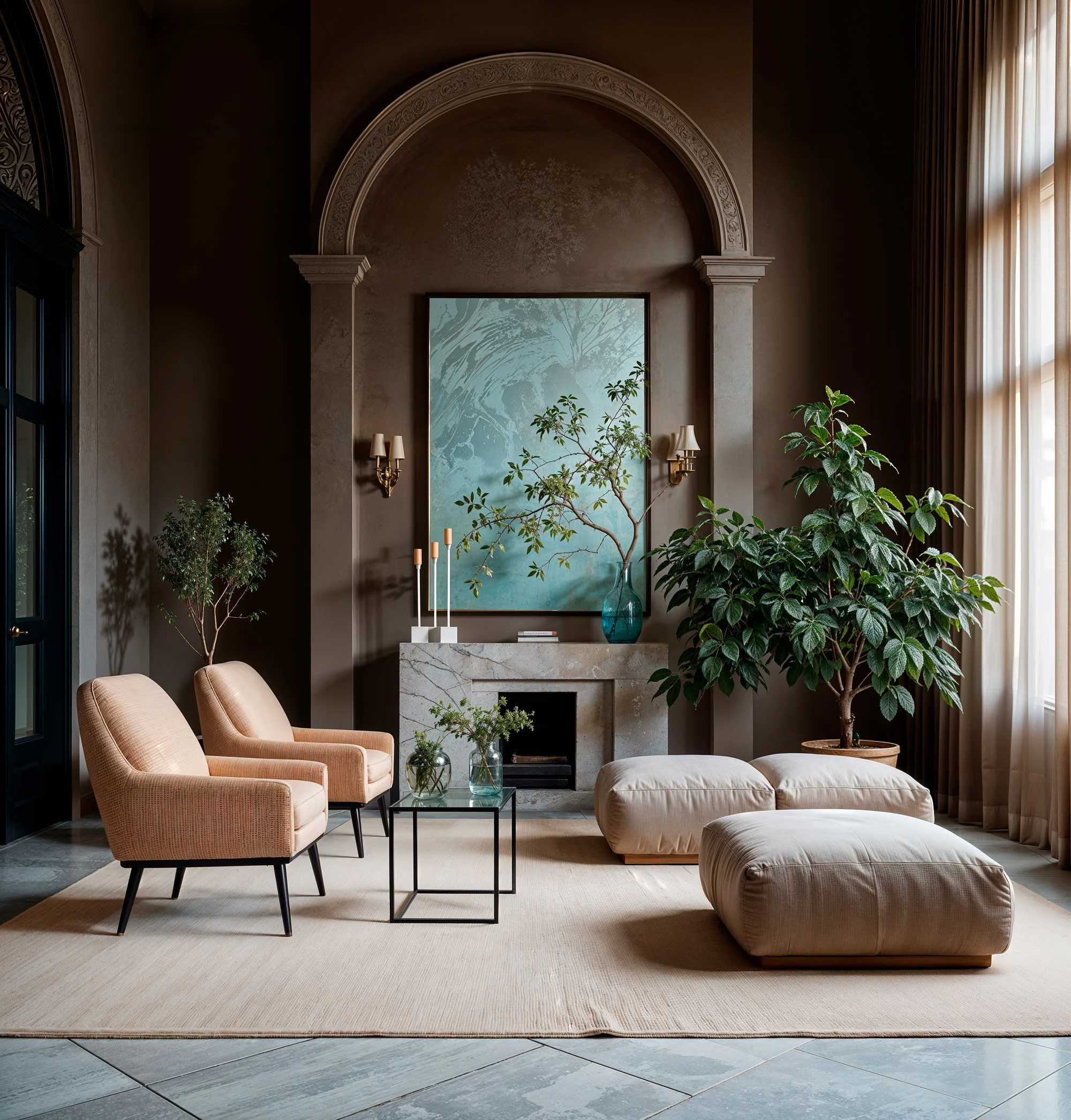 Elegant Modern Living Room A stylish living room featuring two peach-colored chairs, a green plant, and a decorative wall art piece.