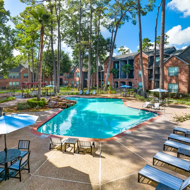 Beautiful swimming pool area in an apartment complex surrounded by tall trees and well-maintained landscaping.