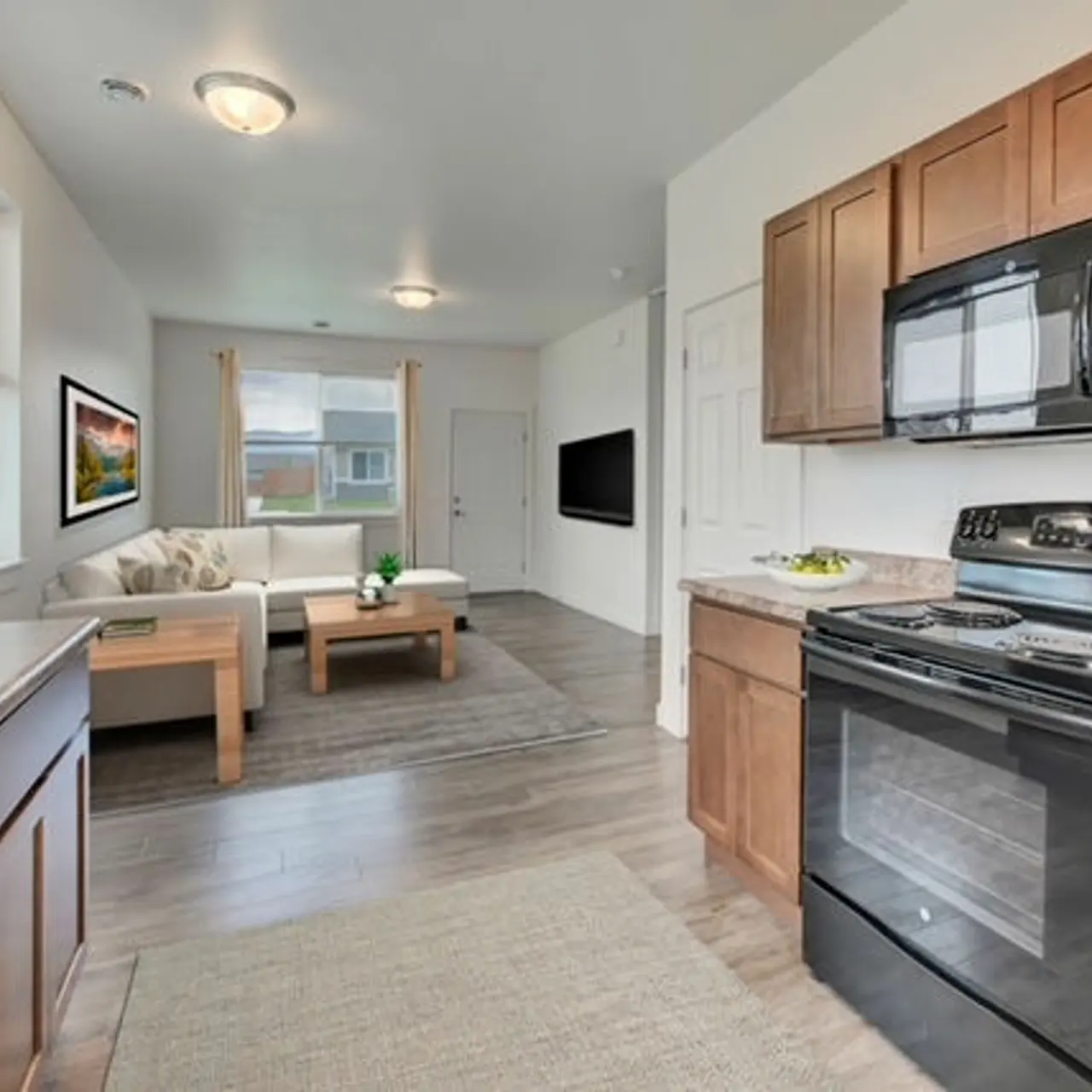 apartment living room A spacious living room in the apartment, furnished with a couch, television, and elegant decor, offering a comfortable and inviting settings