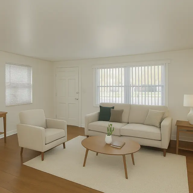 Modern Living Room Interior A modern living room with a light color scheme, featuring a comfortable sofa, two armchairs, a round coffee table, and a small green plant on the table.