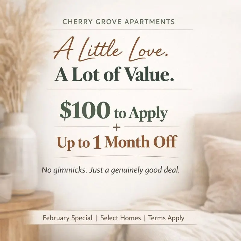 Promotional advertisement for Cherry Grove Apartments featuring a warm aesthetic with text outlining an application fee and discount offer.