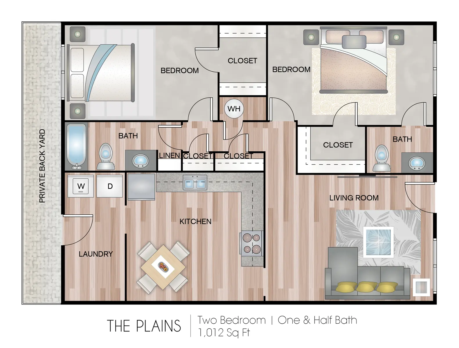 Floor plan of a two-bedroom apartment named 'The Plains'. It includes a living room, kitchen, private backyard, laundry area, two bedrooms, and one and a half baths with designated closets.