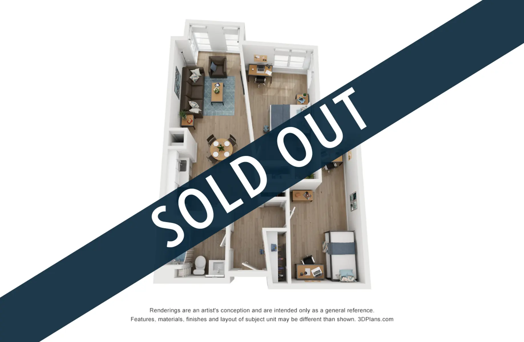 Residential Floor Plan - Sold Out A 3D floor plan of a residential unit with a 'SOLD OUT' banner across it. The layout shows a living room, bedrooms, and kitchen areas with furniture.