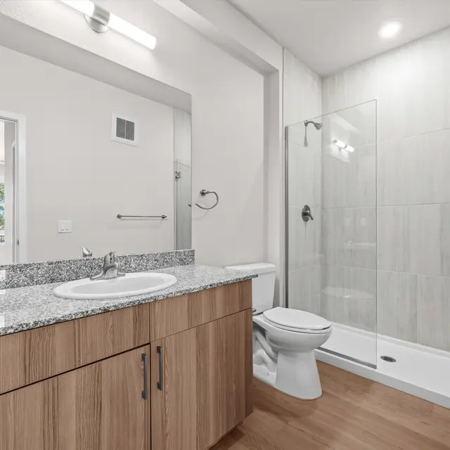 A modern bathroom featuring a spacious shower with glass enclosure, a wooden vanity with a granite countertop, and contemporary lighting.