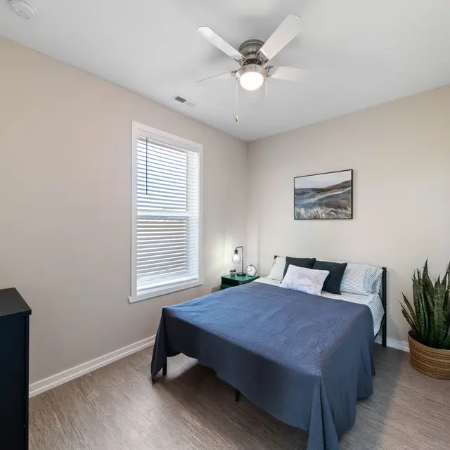 The Links at Franklin Three BR Apartments in Franklin IN - The Links at Franklin - Bedroom with Wood-Style Plank Flooring, Bed, White Walls, House PLant, Nightstand with Lamp, Black Dresser, Window with Blinds, and Ceiling Fan