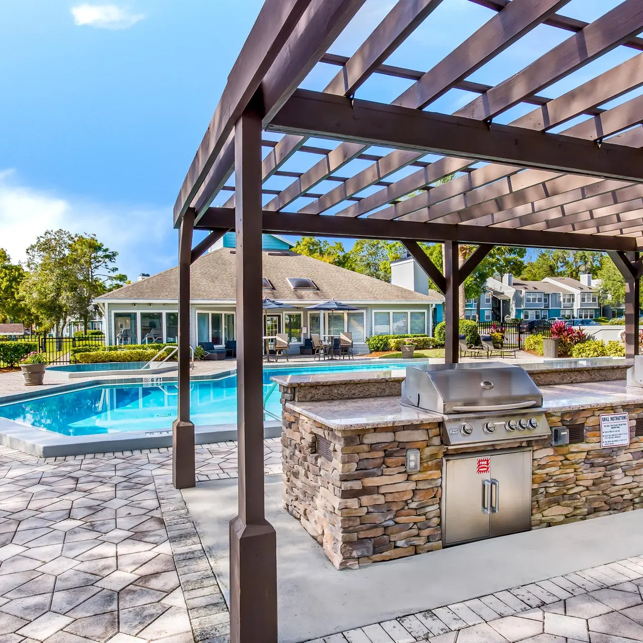grilling area under the cabana on the pool deck