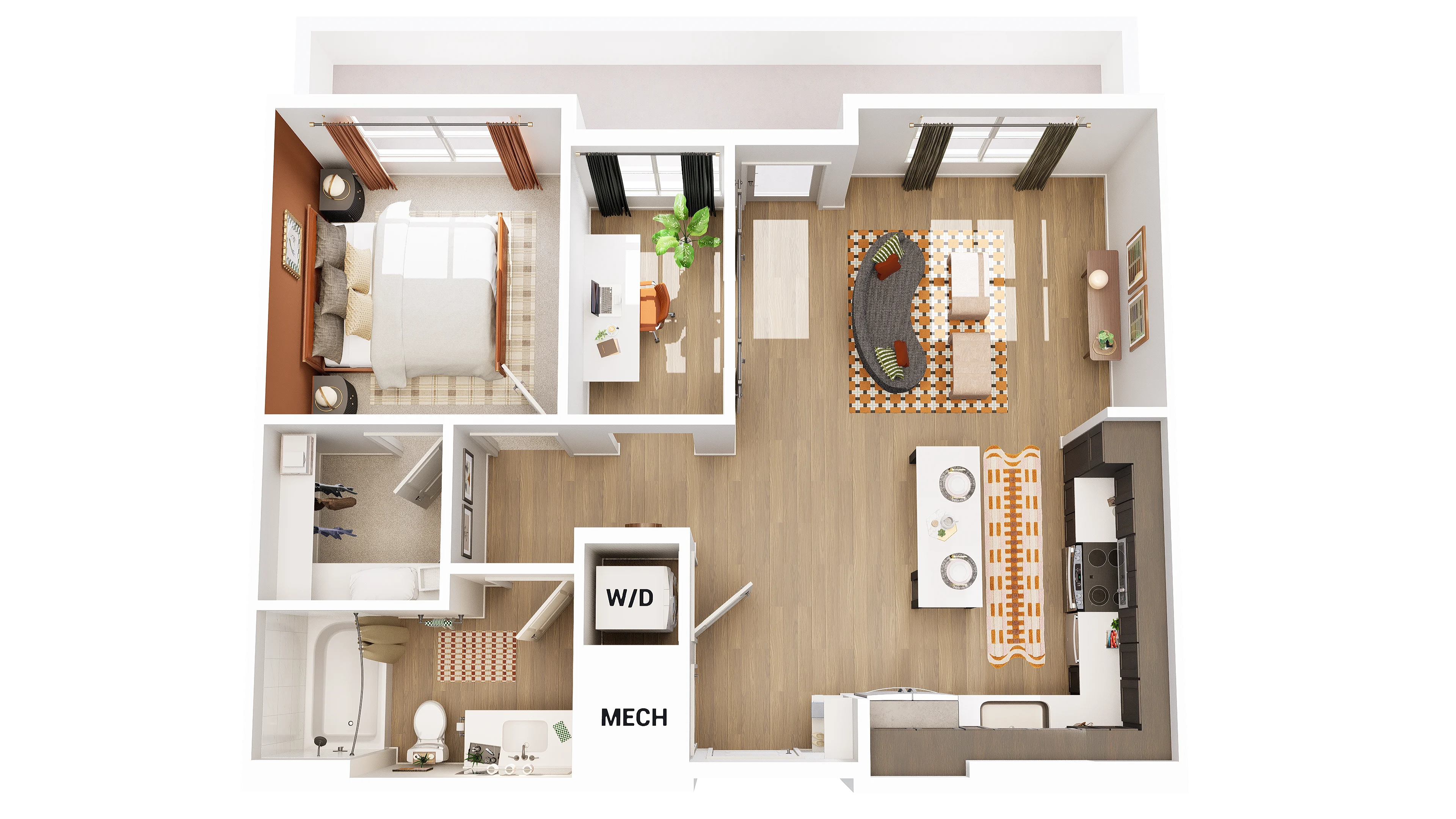 A top-down view of a two-bedroom apartment layout. It includes a living room, kitchen, dining area, two bedrooms, and a bathroom. The design features modern furnishings and an open floor plan.